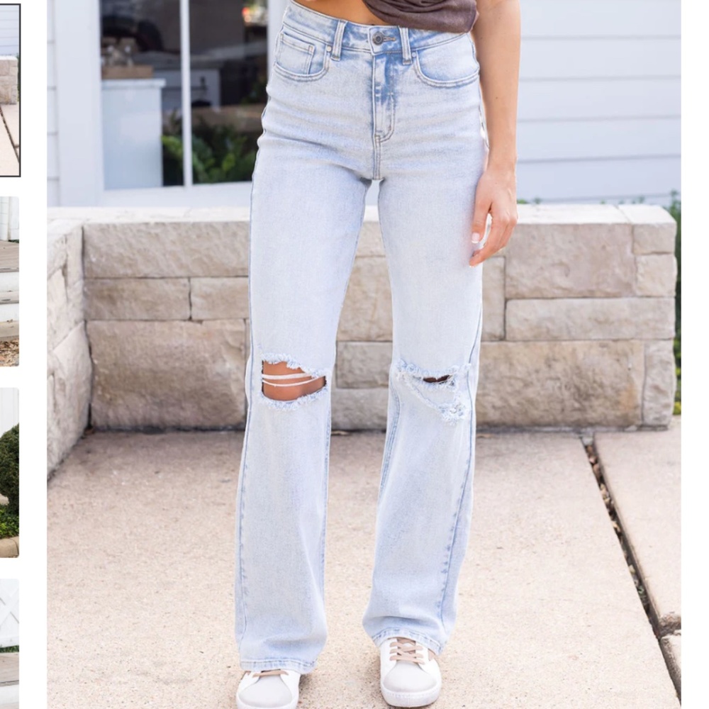 wide leg premium denim in distressed light-wash